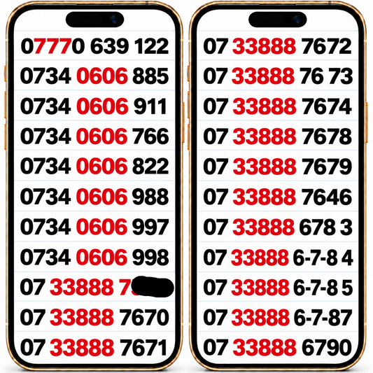 Vodafone UK VIP mobile numbers displayed on two iPhone screens, with repeating 0606 and 33888 patterns highlighted in red.