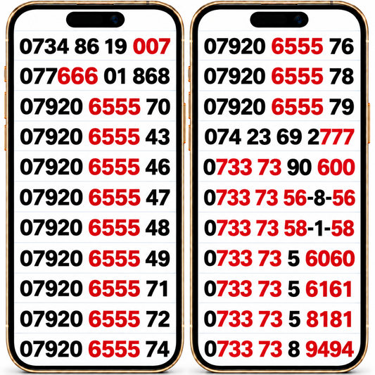 Vodafone UK VIP mobile numbers on two iPhone screens, with 6555, 733 73 and memorable endings highlighted in red.