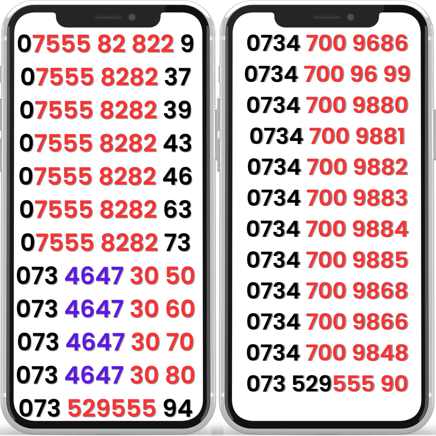 UK Vodafone VIP mobile numbers (gold numbers) shown on smartphones, pay-as-you-go SIM card numbers for sale, premium and memorable UK mobile numbers.