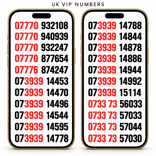 Vodafone UK VIP mobile numbers displayed on two gold iPhone screens, with 07770, 3939 and 0733 73 patterns highlighted in red.