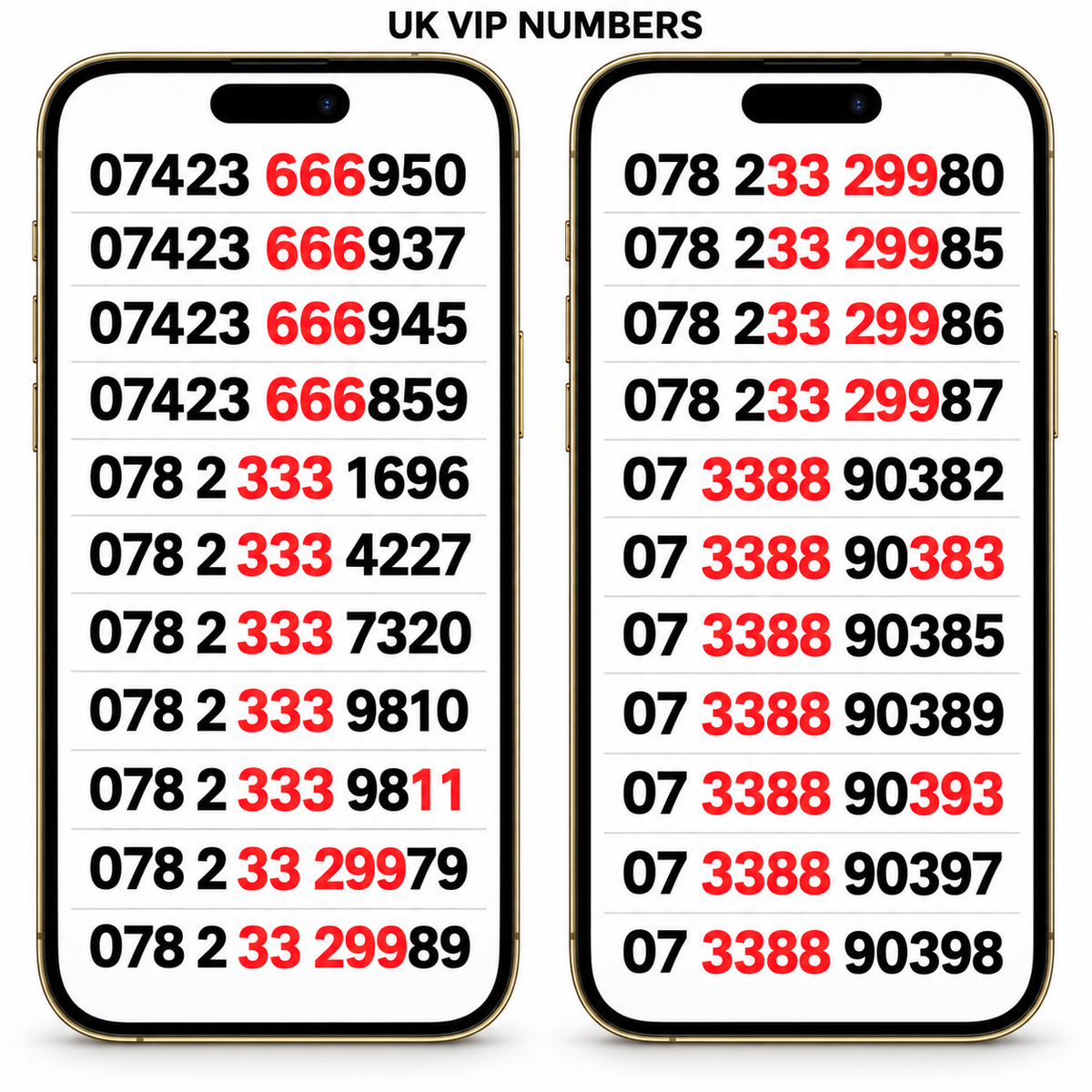 Vodafone UK VIP mobile numbers displayed on two gold iPhone screens, with repeated 666, 333 and 3388 patterns highlighted in red.