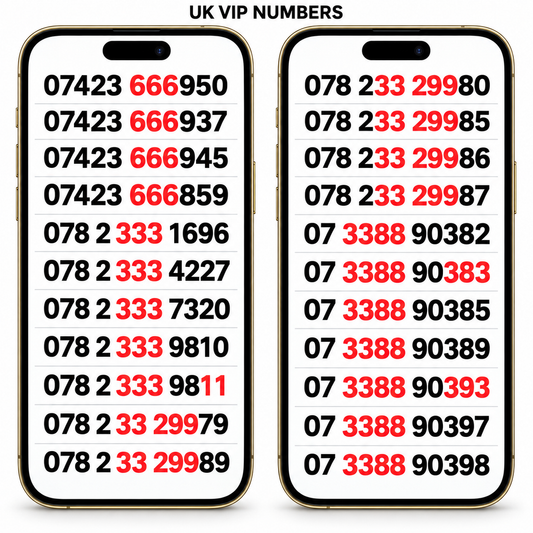 Vodafone UK VIP mobile numbers displayed on two gold iPhone screens, with repeated 666, 333 and 3388 patterns highlighted in red.