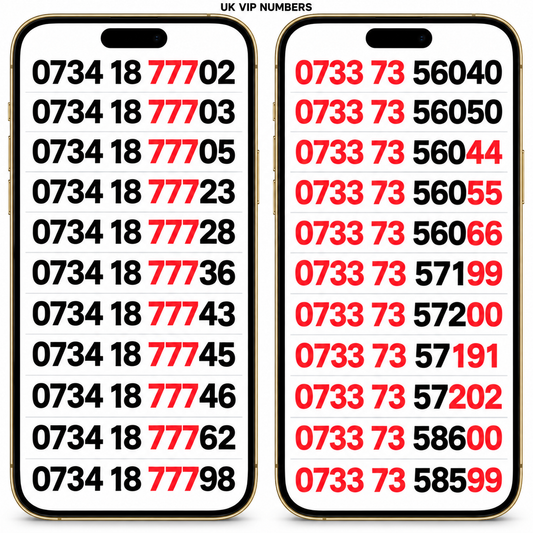 Vodafone UK VIP mobile numbers on two gold iPhone screens, with 777 patterns, 0733 73 prefixes and repeated endings highlighted in red.