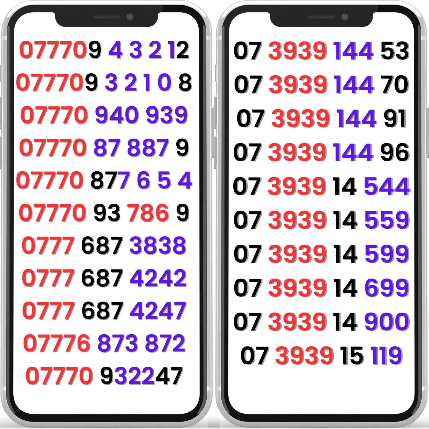 Two smartphones displaying vodafone vip mobile numbers in different colors on a white background