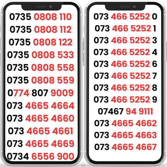 Two smartphones showing UK Vodafone VIP mobile numbers (gold numbers), pay-as-you-go SIM card numbers for sale with memorable and repeating digit patterns.