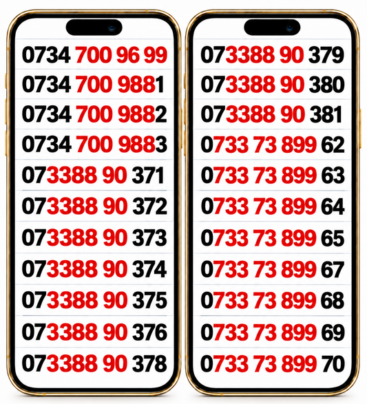 Vodafone VIP numbers UK and gold numbers displayed on two gold iPhones, featuring repeating patterns 0734 700, 073388 90 and 0733 73 899.