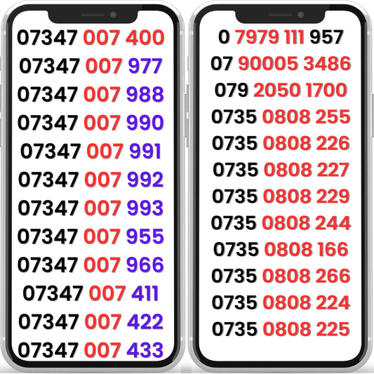 Two smartphones displaying uk vip gold numbers list on their screens.