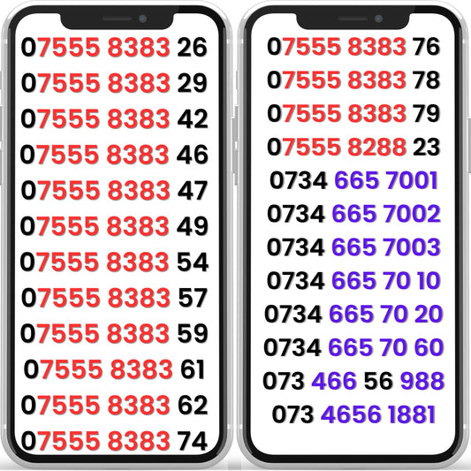 Two smartphones displaying UK Vodafone VIP mobile numbers (gold numbers), pay-as-you-go SIM card numbers for sale, premium and easy-to-remember number combinations.