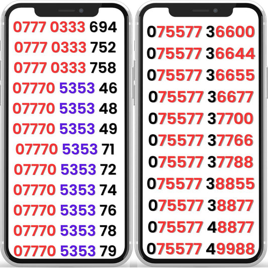 Two smartphones displaying sequences of vip numbers on their screens.gold numbers.