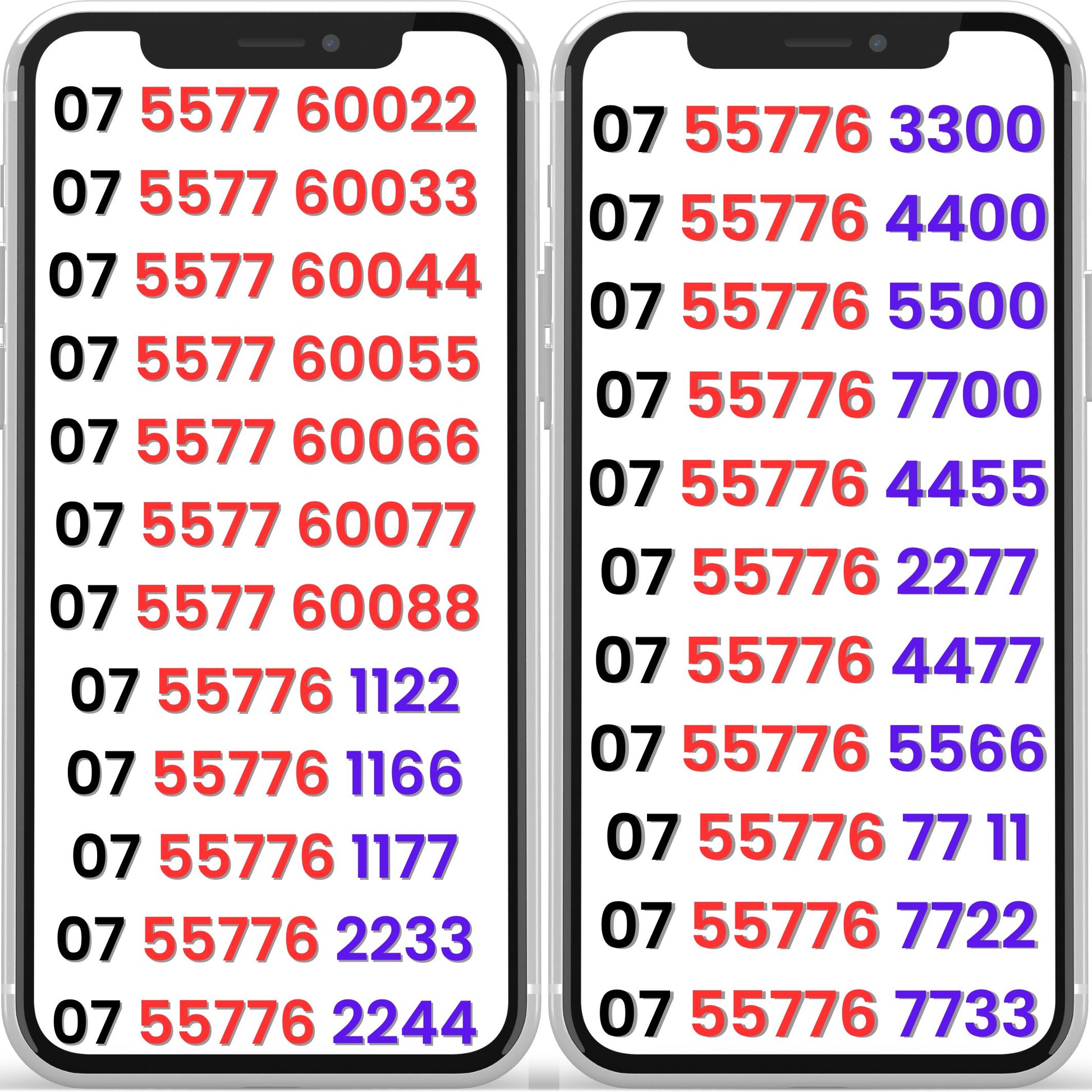 Two smartphones displaying a list of vip numbers for mobile phones with different color codes.
