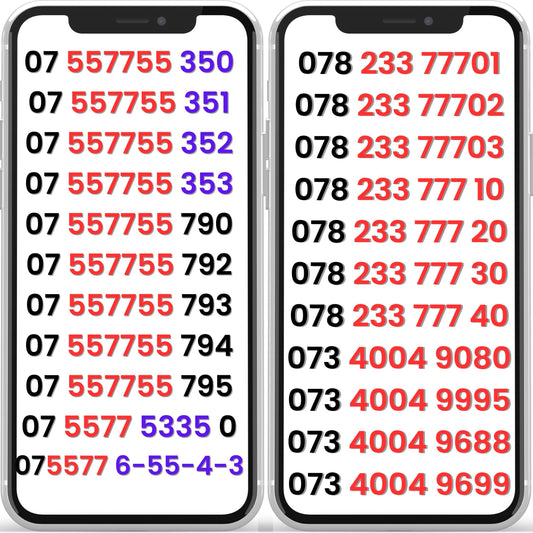 Two smartphone screens displaying sequences of vodafone vip numbers list.